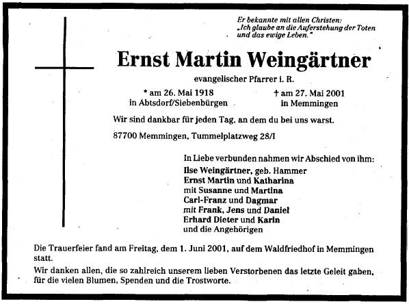 Weingaertner Ernst 1919-2001 Todesanzeige